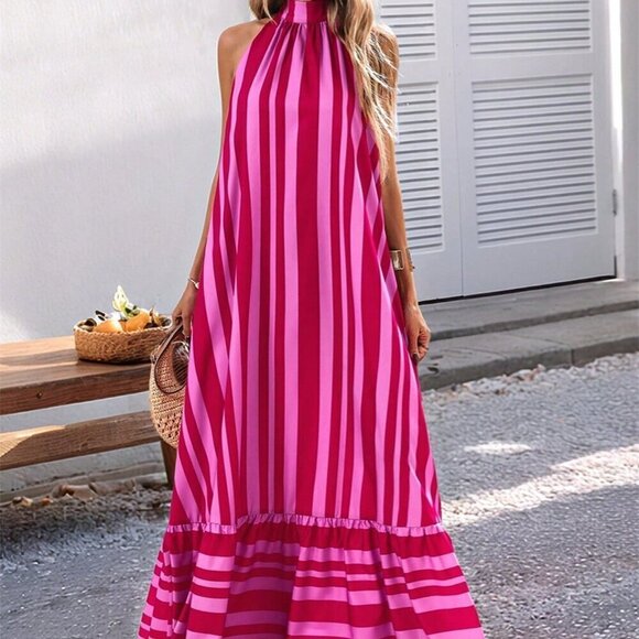 Dresses & Skirts - Pink Striped Casual Women's tie halter neck ruffled hem maxi Dress